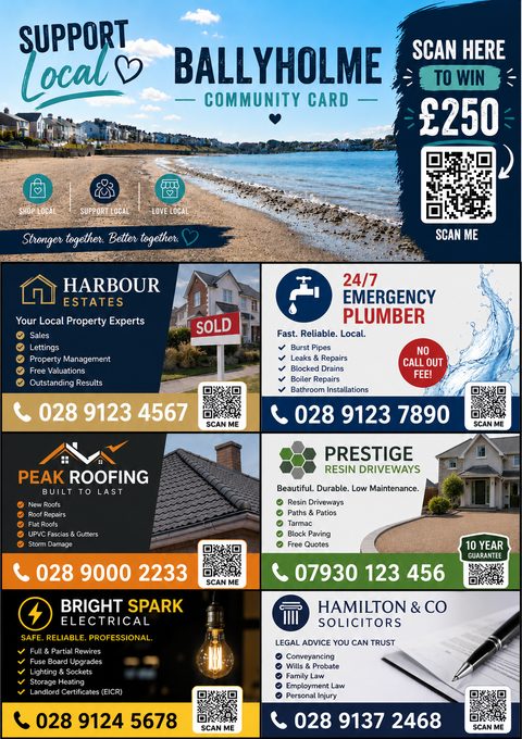Sample Ballyholme Community Card showing adverts for local businesses